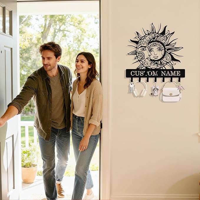 Personalized Moon Sun Key Holder Wall Mount, Custom Metal Key Holder for Wall with Name, Custom Keys Rack Hanger with Hooks for Entryway, Front Door, Hallway, Living Room, Kitchen