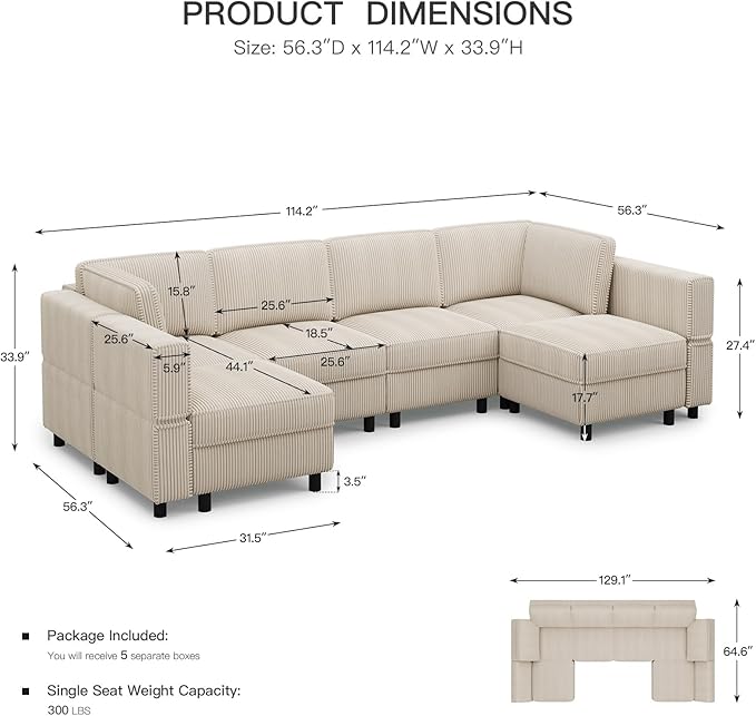 114.2" U Shaped Sectional Sofa,6 Seat Corduroy Couch,Comfy Modular Sectional Sofa with Storage Movable Ottoman Chaise,Upholstered Sectional Couches for Living Room,Beige