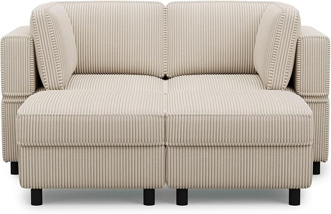 63" Modular Sectional Sofa with Storage Seat,Corduroy Sectional Couch Convertible 4 Seat Modular Sleeper Sofa Couch with Movable Ottoman Chaise,Comfy Sectional Couches for Living Room,Beige