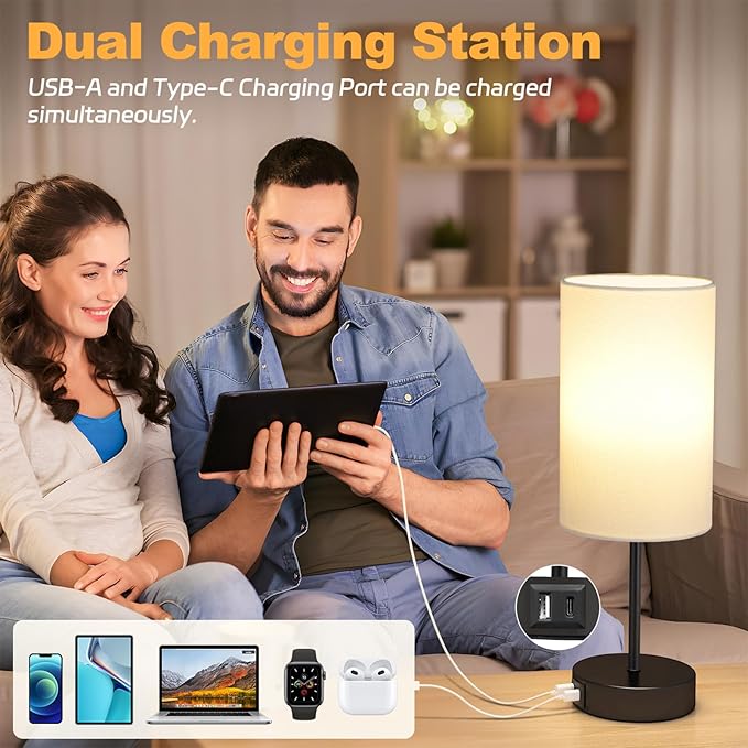 AKASUKI Table Lamp for Bedroom, 3 Way Dimmable Touch Lamp with Dual Charging Station, Small Bedside Lamps for Night Stands, Living Room, Office(LED Bulb Included)