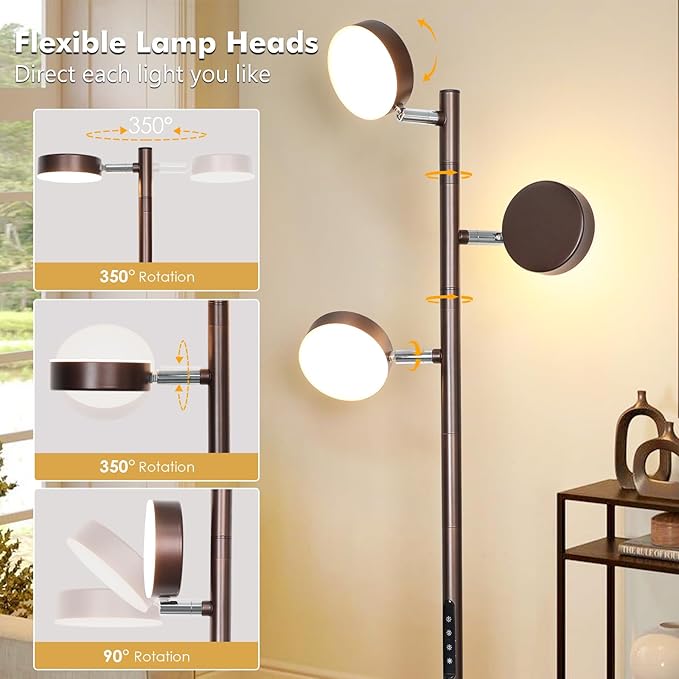 Tree Floor Lamp for Living Room - Modern Brown Standing Lamp, LED Floor Light with Remote & Touch, 3000K-6000K Dimmable for Bedroom Office Reading (3 Head)