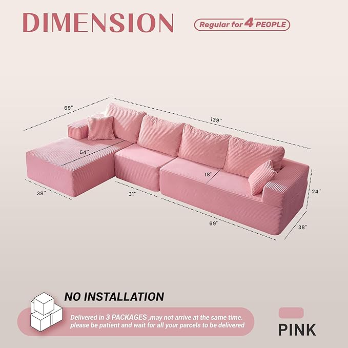 138" Boneless Couch with Deep Seat, Modular Sectional Sofa, Cloud Sectional Couch for Living Room, No Assembly Required, Corduroy, 4 Seater L-Shape Left, Pink
