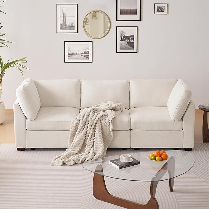 TEKAMON 96" Modular Sectional Sofa,Large Comfy Cloud 3-Seat Deep Seat,Reversible Chaise Modular Sectional Couches for Living Room and Apartmenr,Beige