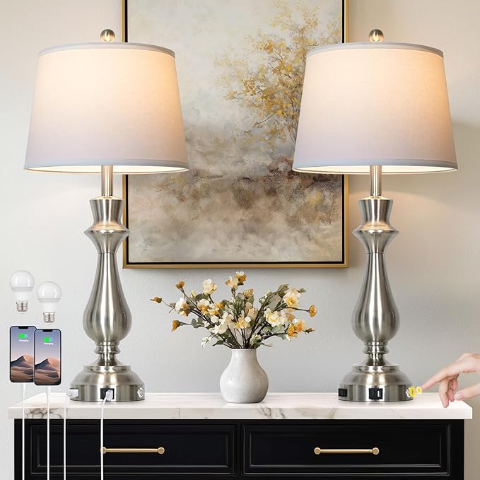 Modern Silver Table Lamps Set of 2 for Living Room,30" Tall Bedside Lamp with USB Charging Port,3-Way Dimmable Touch Nightstand Lamp for Bedroom Desk Side Table Office,Silver