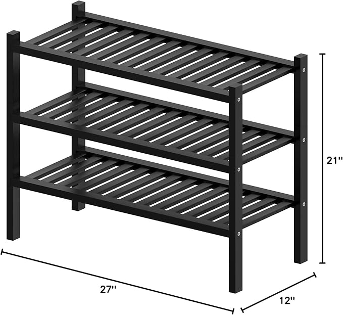 3 Tier (Thick) Bamboo Shoe Rack for Entryway, Small Wood Shoe Shelf Storage Organizer for Closet, Shoe Stand for Hallway, Stackable and Sturdy 27"x12"x21" Black
