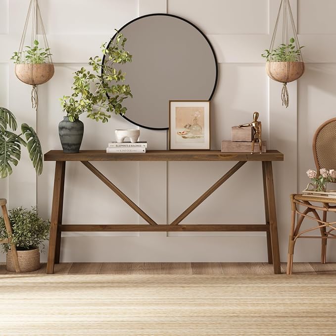 Wnutrees 63" Farmhouse Solid Wood Console Tables, Rustic Hallway Table, Solid Firwood Sofa Table for Entryway, Living Room, Easy Assembly, Natural