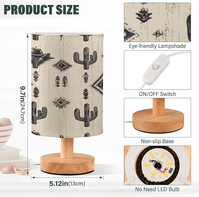 Western Cowboy Cactus LED Table Lamp for Bedroom Bedside Lamp with USB Charging Ports Decor Nightstand for Living Room Reading Dorm Desk Home Office