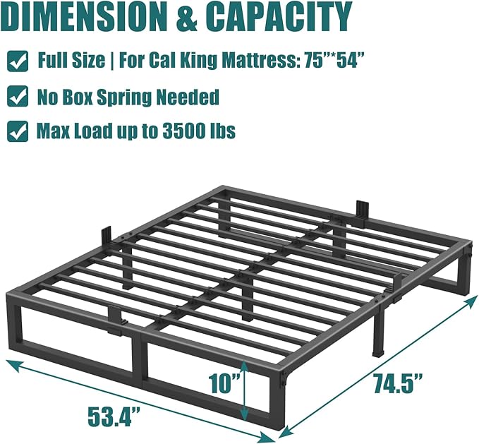 10 inch Full Size Bed Frame Low Profile Metal Platform Frames with Mattress Slide Stopper,Heavy Steel Slats Support,No Box Spring Needed,Noise Free,Non-Slip,Easy Assembly