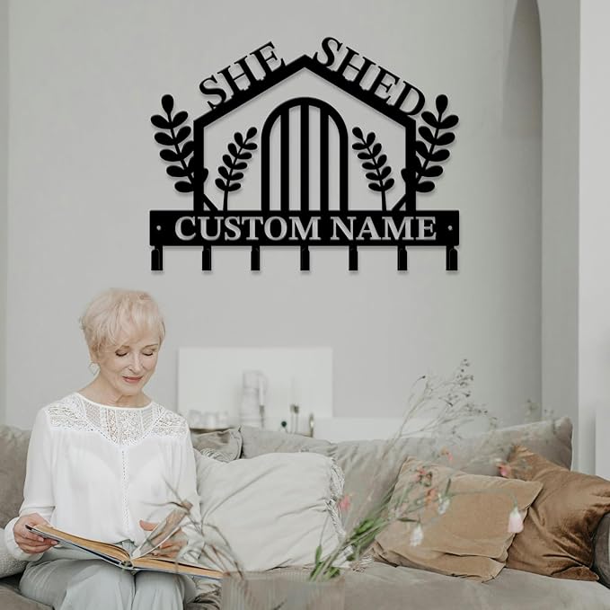Personalized She Shed Keys Hooks,Custom Name Metal She Shed Art Keys Hooks,Metal She Shed Lover Wall Home Storage Decorative Keys Hooks,Key Holder Hooks for Wall (Style B)