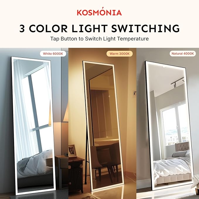 Kosmonia 72x24 Full Length Mirror, Dimmable 3 Color LED Light w/Light Memory, Distortion Free Silver Coating Mirror, HD Reflection &Anti Desilvering,Tempered Glass &Shatter Proof Film Doubles Safety