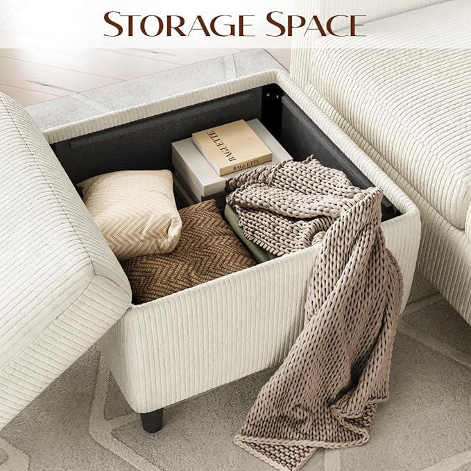 Sectional Couches for Living Room, L Shaped Couch with Storage Ottoman, Small Sofa Corduroy Couch with Side Pockets, Modern 3 Seater Convertible Sofa for Apartment, Office, Beige