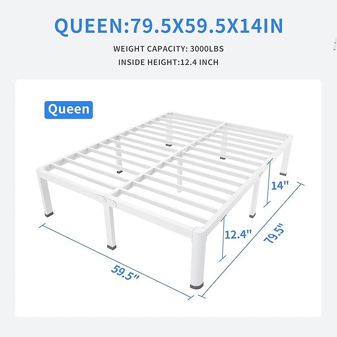 MAF 14 Inch Queen Metal Platform Bed Frame White with Round Corner Legs, 3000 LBS Heavy Duty Steel Slats Support, Noise Free, No Box Spring Needed, Easy Assembly