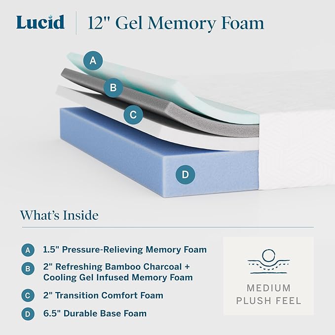 Lucid 12 Inch Memory Foam Mattress - Medium Plush Feel - Infused with Refreshing Bamboo Charcoal and Cooling Gel - Bed in a Box - Temperature Regulating - Pressure Relief - Breathable - Twin XL Size