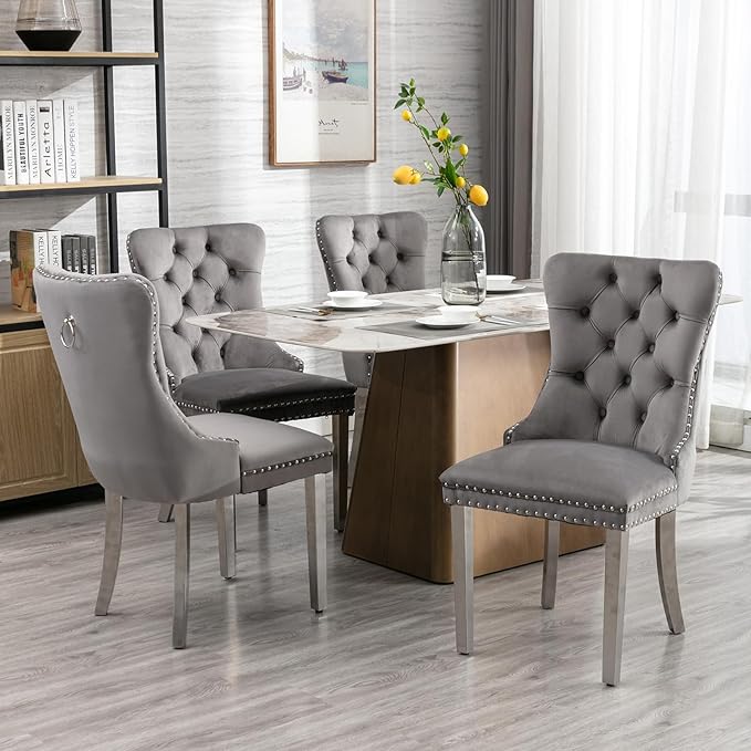 Luxury Upholstered Dining Chairs Set of 4, Grey Kitchen Chair with Silver Metal Legs, Velvet Tufted Back Dining Chair, Sillas de Comedor, Modern Kitchen & Dining Room Chairs (Gray, 4 Pcs)