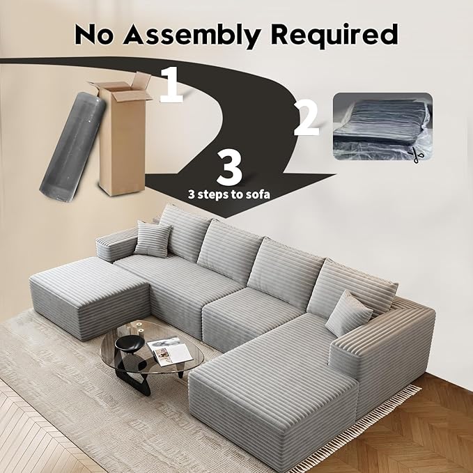 135.4" Cloud Modular Sectional Couch with 1 Ottoman,Modern Minimalist Upholstered Couches, Comfort U Shaped Sofa for Living Room,Deep Seat Corner Couch，No Assembly Required (Grey,Right Facing Chaise)