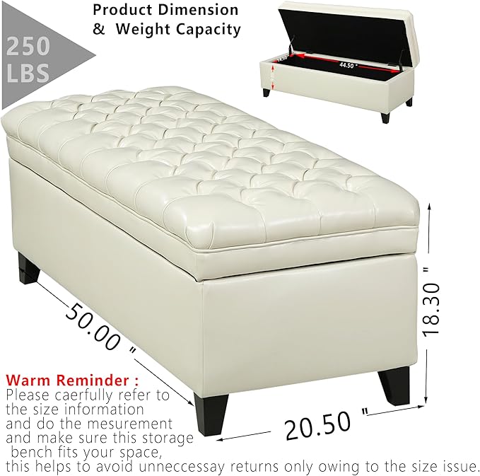 Setawix PU Leather Storage Bench for Bedroom, Living Room, Entryway, 50"W x 18.3"H, Ivory, Wood Legs