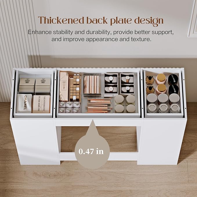 Fluted Makeup Vanity Desk with 46" HD Lighted Mirror,Big Modern Vanity Desk with Mirror and 12 LED Lights, Dressing Table with 11 Drawers, Glass Top for Bedroom,Cream