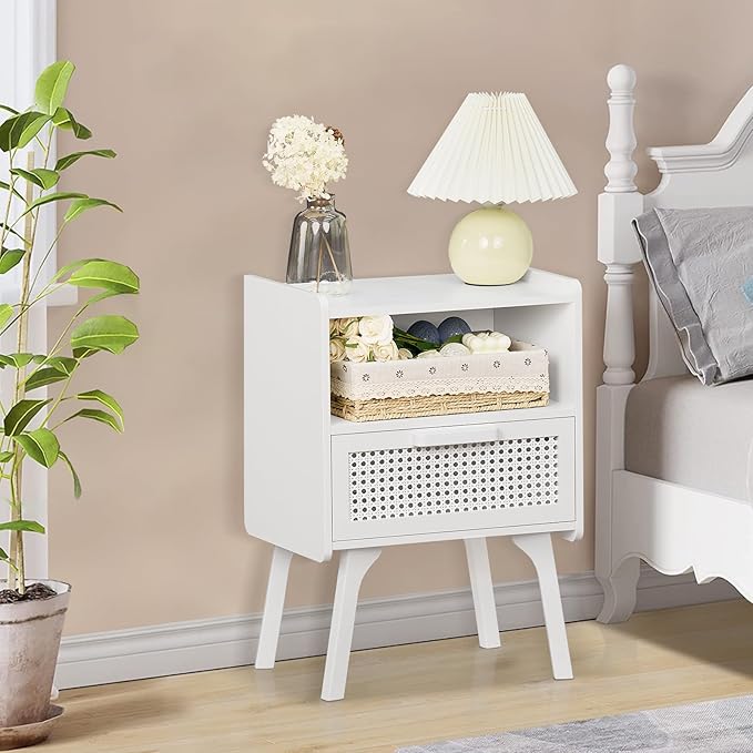 Lerliuo Rattan Nightstand, Side Table with Drawer Open Shelf, Cane Accent Bedside End Table with Solid Wood Legs, Mid Century Modern Night Stand for Bedroom, Dorm and Small Spaces (White)
