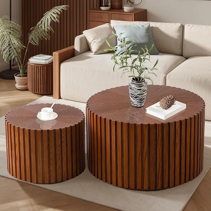 Round Nesting Coffee Table Set of 2, Round Fluted Coffee Tables for Living Room Modern Nesting End Side Tables for Small Spaces (D Brown)