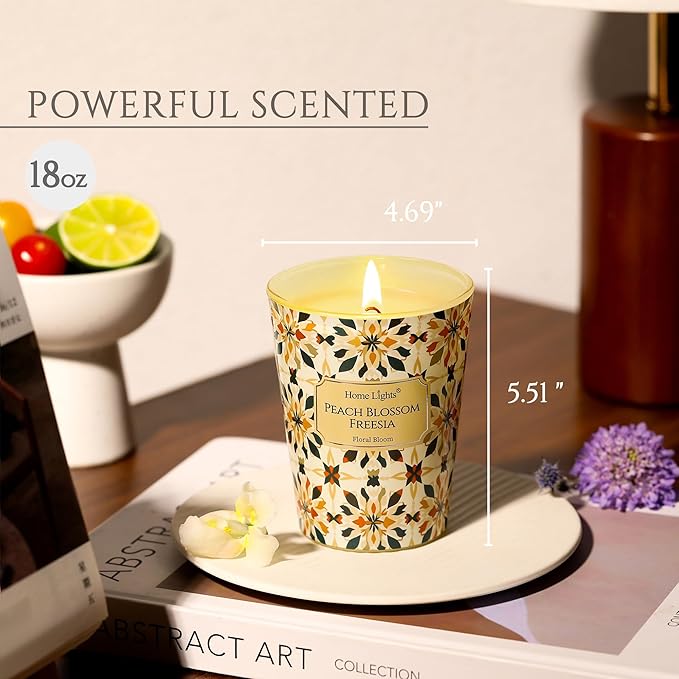 HomeLights Scented Candles for Women & Men, 6.7oz Candle Jars Aromatherapy Single Wick Candle, Ideal for Bohemian Natural Textures Home Decor and Gifts, Peach Blossom Freesia