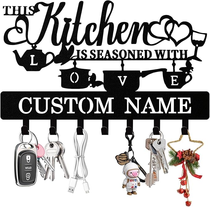 Personalized Key Holder Wall Mount, Custom Kitchen Theme Metal Keys Holder for Wall with Name, Wall Key Hanger Rack with Hooks for Entryway, Front Door, Living Room, Kitchen, Bathroom, Garden