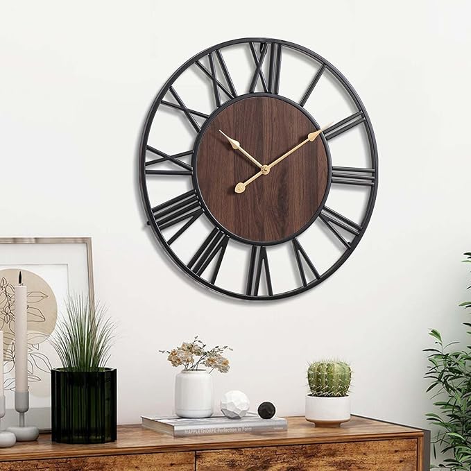 Vantic 24 Inch Large Wall Clock, Roman Numeral Wood Oversized Wall Clocks for Living Room Decor, Farmhouse, Bedroom and Kitchen, Completely Silent, Non Ticking, Battery Operated