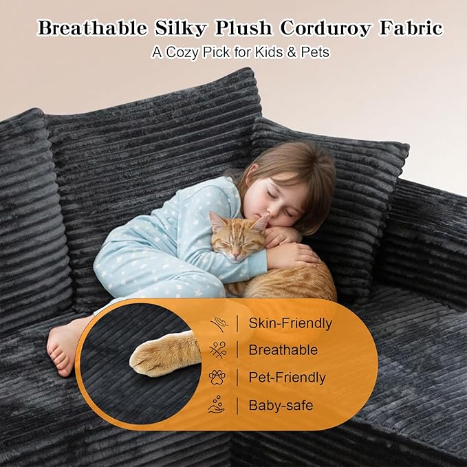 106'' Boneless Couches for Living Room, L Shaped Modular Sectional Sofa with Chaise Lounge, Faux Rabbit Fur & Layered Cushion Deep Seat Cloud Couch, No Assembly (Black, Left Facing Chaise)