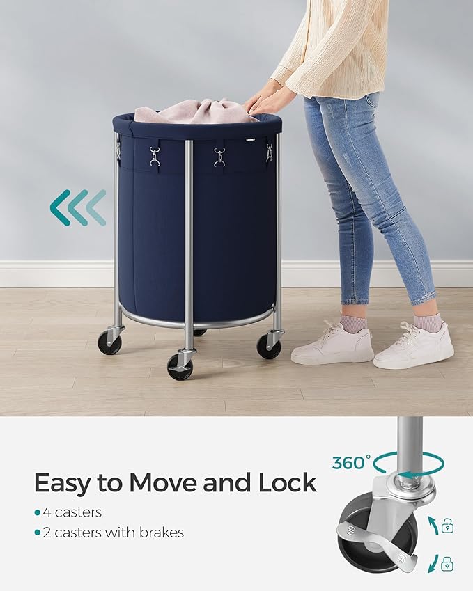 SONGMICS 29-Gallon (110 L) Laundry Basket with Wheels, Rolling Round Heavy-Duty Laundry Hamper Cart with Steel Frame and Removable Bag, 2 Locking Wheels, Charcoal Blue and Metallic Silver URLS002Q01