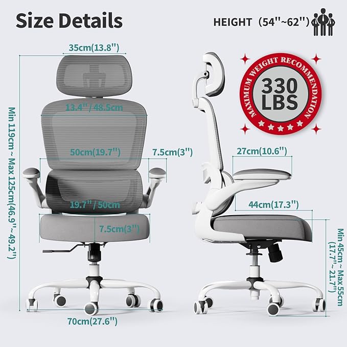 TRALT Office Chair Ergonomic Desk Chair, 330 LBS Home Mesh Office Desk Chairs with Wheels, Comfortable Gaming Chair, High Back Office Chair for Long Hours (White)