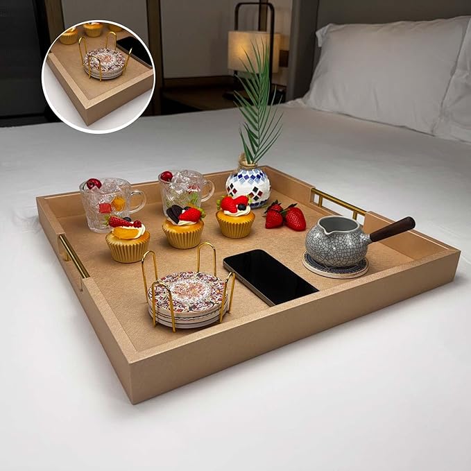 20x20 Inches Large Champagne Faux Leather Wrapped Wood Ottoman Tray with Handles for All Occasions, Serving Breakfast On Bed, Home Decor Decorative, Living Room,Square Coffee Table Organizer