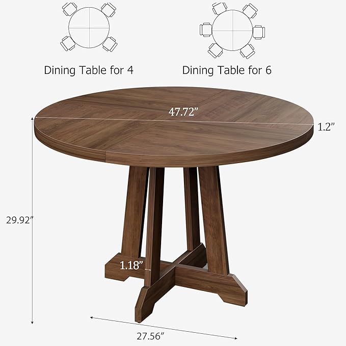 GarveeHome Round Dining Table for 4,Kitchen Dining Room Circle Dinner Pedestal Table,Space Saving Wood Kitchen & Dining Room Furniture,Brown 47-inch Diameter
