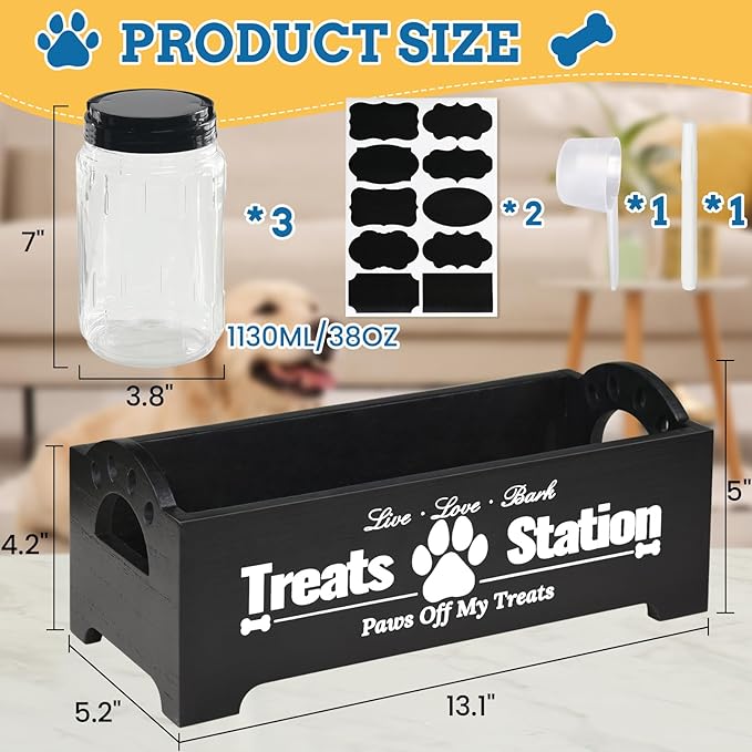 Dog Treat Container Dog Food Container for Dog Food Storage, Farmhouse Cat Food Container Pet Food Storage Organizer, Wood Dog Treat Holder with 3 Plastic Cat Dog Treat Jars, Black Cat Treat Container