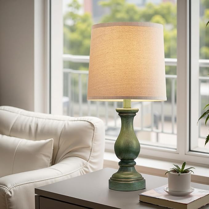 Seealle Farmhouse Table Lamps Set of 2 - Rustic Lamp for Bedroom Living Room, 22" Boho Bedside Lamps for Night Stands End Table Office Desk Lamp Nightstand with Linen Shades(Antique Green)