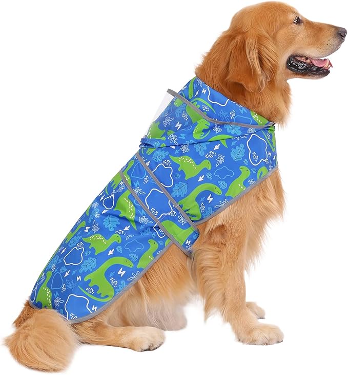 HDE Dog Raincoat with Clear Hood Rain Jacket Poncho for Small Medium Large Dogs Dinosaurs - L