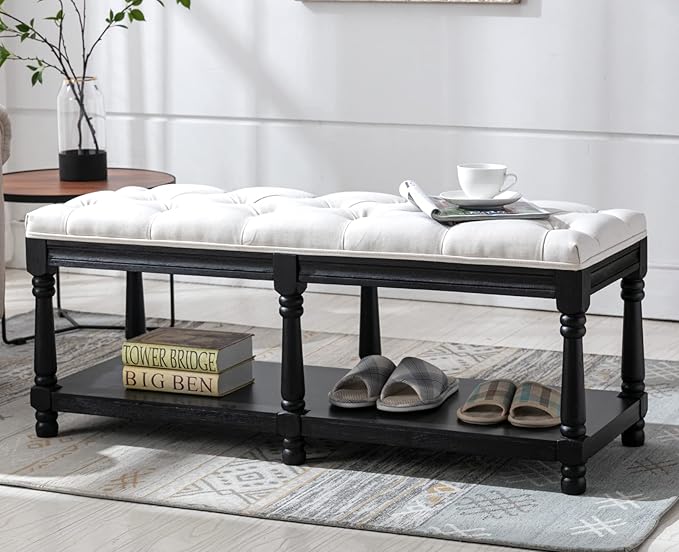 Kmax Storage Entryway Bench Tufted Shoe Rack Bench Black Wood Window Bench for Hallway Entrance Bedroom Corner, Beige