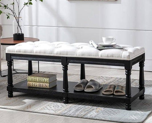 Kmax Storage Entryway Bench Tufted Shoe Rack Bench Black Wood Window Bench for Hallway Entrance Bedroom Corner, Beige