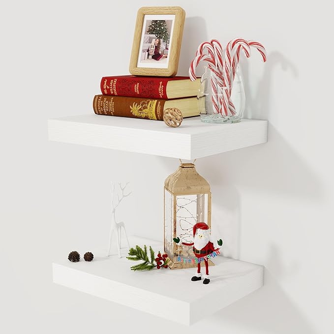 12 Inch Deep White Floating Shelves, 16 x 12 Floating Shelf for Books, Rustic Wood Deep Wall Shelves for Home Storage & Display, 2" Thicked Shelves for Kitchen, Living Room, Bedroom, 2 Pack