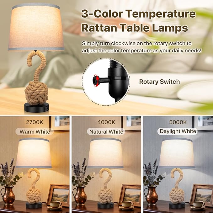 2-Pack 22" Rope Lamps for Night Stands, Boho Table Lamps for Living Room Bedroom Guest Room, 3-Color Temperatures Rattan Lamp with Rotary Switch, Bedside Lamp with USB Ports, 2 Bulbs Included