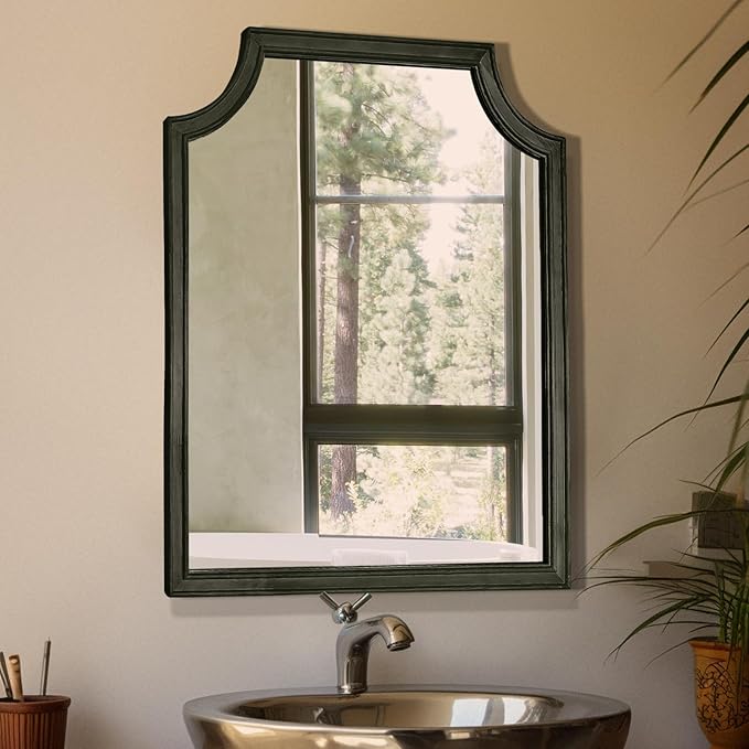 WallBeyond Scalloped Wood Mirror for Wall Decor 16x20 Inch Black Small Bathroom Vanity Rectangle Mirror for Hallway Bedroom Living Room(Black)