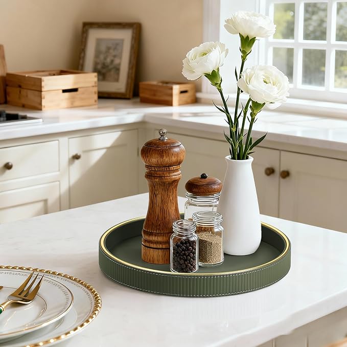 Round Decorative Tray for Coffee Table Decor, PU Leather Coffee Table Tray Golden Trim for Home Decor Living Room Dining Table, Perfume Trays Nightstand Organizer (Green)