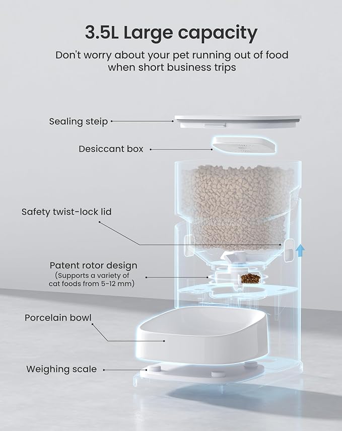 PF2 2.4G Healthy Automatic Cat feeder, 3.5L Automatic Dog Feeder with Video and Voice Call, APP data monitoring, Ceramic Bowl, Customized Timed Feeding,Freshness Preservation,Easy Removal for Cleaning