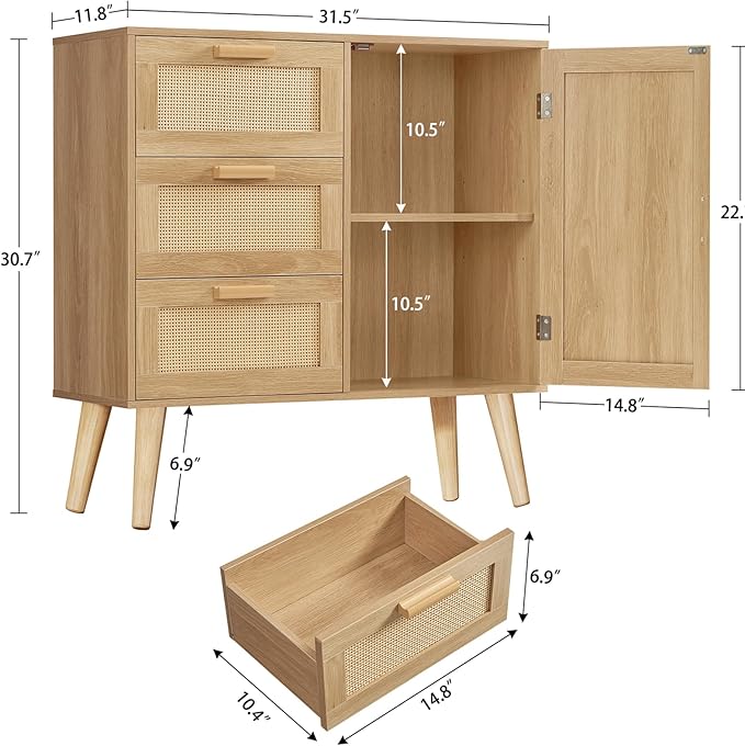 Iwell Storage Cabinet with 3 Drawers, Rattan Cabinet with Adjustable Shelf, Small Storage Cabinets, for Living Room, Entryway, Natural