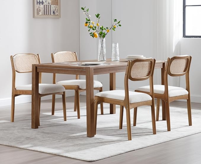 EALSON Mid Century Modern Rattan Dining Chairs Set of 4 Upholstered Sherpa Boucle Dining Room Chairs with Cane Back Farmhouse Kitchen Chairs Comfy Side Chairs with Hardwood Frame,Cream