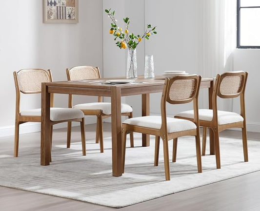 EALSON Mid Century Modern Rattan Dining Chairs Set of 4 Upholstered Sherpa Boucle Dining Room Chairs with Cane Back Farmhouse Kitchen Chairs Comfy Side Chairs with Hardwood Frame,Cream
