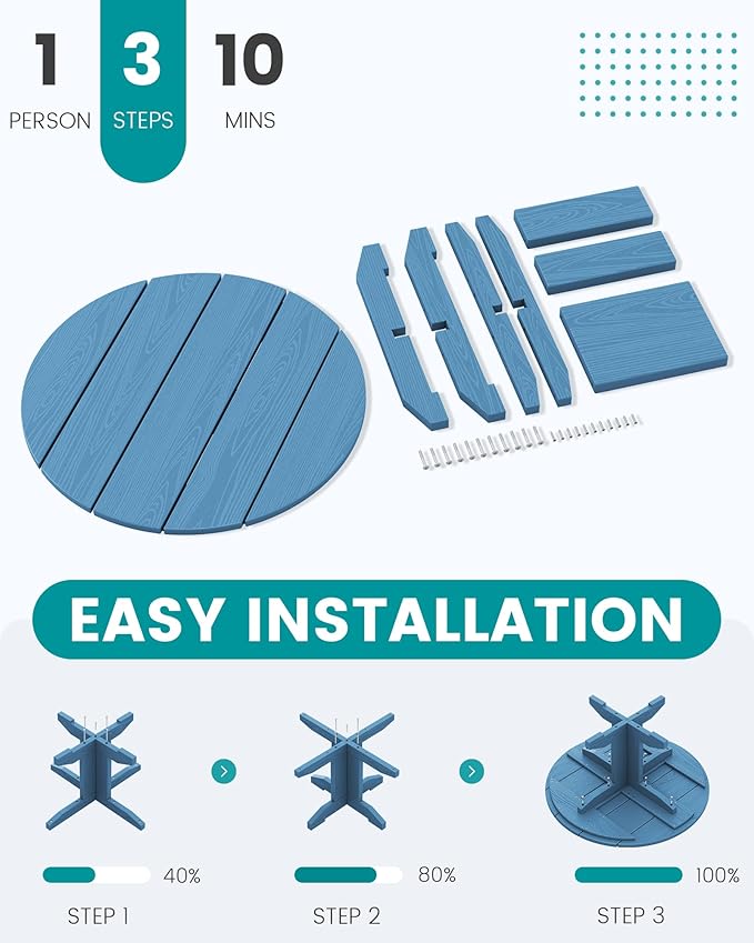 SERWALL Round Outdoor Coffee Table Set,Outdoor Round Coffee Table and Adirondack Chairs with Cup Holders Patio Furniture,Blue