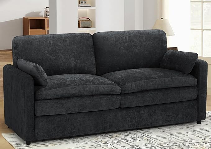 69" Chenille 2 Seats Sofa with 2 Pillows, Modern Upholstered Sofa with Deeper Seats, Comfy Sofa with Thickened Cushions for Living Room, Apartment, Black