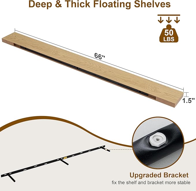 Fun Memories 66 Inch Fireplace Mantel - Long Floating Shelf, Wall Mounted Farmhouse Display with Invisible Heavy Duty Metal Bracket, Oak, 2 Pack