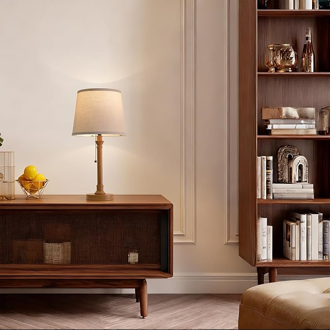 Oneach 19.5" Wood Grain Table Lamps Set of 2, Pull Chain Switch Bedside Table Lamps, Modern Nightstand Lamp with Linen Shade, Small Desk Lamp for Living Room, Bedroom, Home Office, Nursery