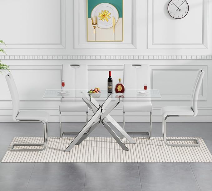 Goujxcy Modern Glass Dining Table Set for 4, Glass Silver Kitchen Table and Chairs Set, 5 Piece Dining Room Table Set with 51" Rectangle Dinner Table and 4 White Leather Dining Chairs