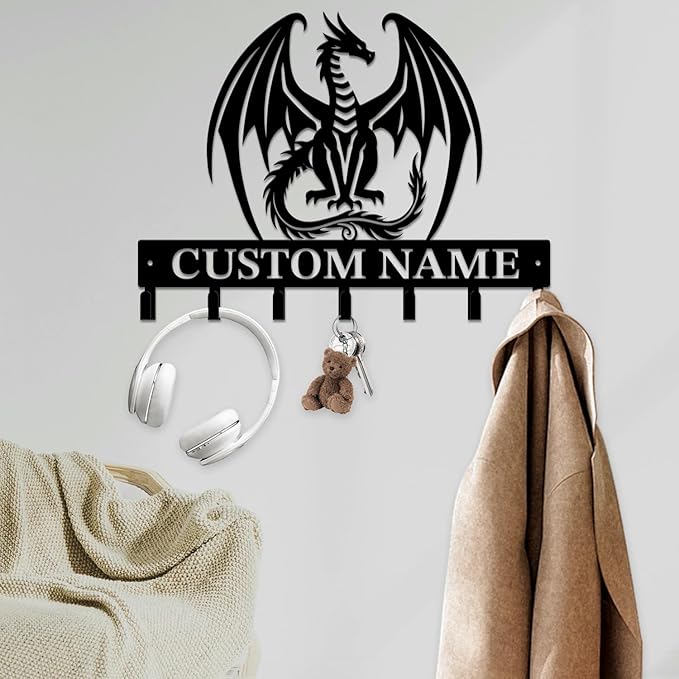 Personalized Evil Dragons Keys Hooks,Custom Name Metal Dragons Art Keys Hooks,Metal Dragons Lover Wall Home Storage Decorative Keys Hooks,Key Holder Hooks for Wall (Style C)